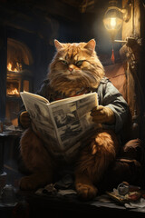 Cat is sitting on the toilet bowl and reading a newspapers. AI Generative