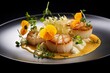 Generative AI : Delicious pan seared scallops on white plate fine dining restaurant