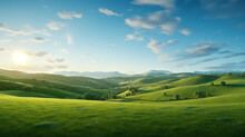 A Rolling Hillside Stretches Out Into The Horizon, Its Lush Green Fields Illuminated By The Setting Sun