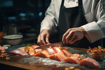 Wall Mural - Generative AI : Chef Slices fresh Salmon on the sushi bar