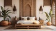 morocco bedroom with wood decor, in the style of dark beige, hyperrealistic details, thai art, organic contours, minimalist and monochromatic, carved wood blocks