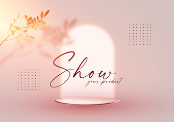Wall Mural - 3d realistic premium product display design template. pink scene with round podium, light and shadow