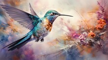 A Hummingbird Hovering Over A Flower, Watercolor, Detailed, Pastel Colors. AI Generative