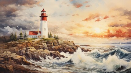 Wall Mural - A lighthouse by the sea, watercolor, layering, earthy tones. AI Generative