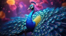 A Peacock With Feathers Spread, Watercolor, Gradient, Vibrant Colors. AI Generative