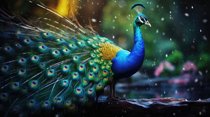 Wall Mural - A peacock with feathers spread, watercolor, gradient, vibrant colors. AI Generative