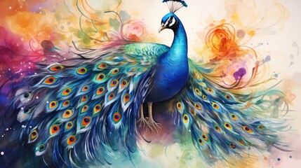 Wall Mural - A peacock with feathers spread, watercolor, gradient, vibrant colors. AI Generative