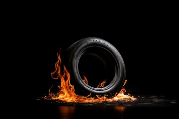 Wall Mural - Car tire in hot flame fire on black background. Road power smoke spark service. Generate Ai