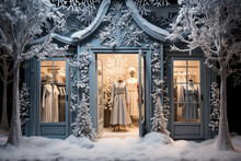 A Store Window With Snow On The Outside And Trees In The Front, All Covered Up By Frosty White Decorations