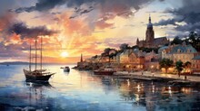 A Picturesque Watercolor Of A Seaside Town At Sunset. AI Generative