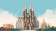 Flat 2D Illustration, Copy Space, Flat 2D Vector Illustration, Hand Drawn, View Of The Sagrada Familia, Spain. Famous Touristic Spot. Must-see Spot. Beautiful Architecture.