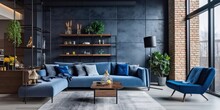 Interior Design Of Living Room With Matte Blue Laminate Coverings, Professional Furniture, Generative AI