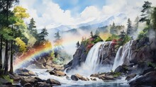 A Watercolor Of A Roaring Waterfall With A Rainbow In The Mist. AI Generative