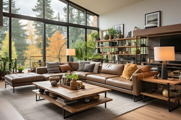 Canvas Print - a living room with couches, coffee table and large windows looking out onto the trees in the forest outside