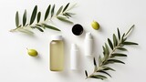 Fototapeta  - Cosmetic products with olive essential oil on light green