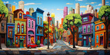Fototapeta Uliczki - colourful painting of the city streets cartoon landscape background illustration