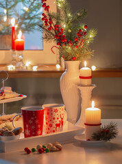 Poster - christmas decor and red cups with hot drink on kitchen