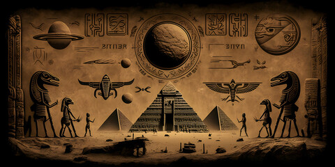 Wall Mural - Egyptian hieroglyphs, Egypts people worship aliens UFO flying saucers. Generation AI.