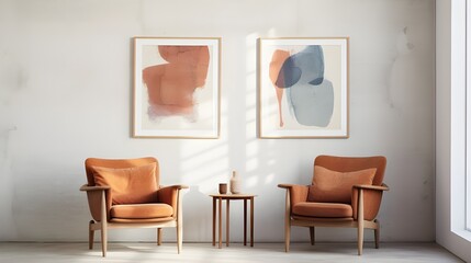 two orange chairs in a living room with a set of orange framed artwork, in the style of digital mixed media, light crimson and light aquamarine, textured abstracts