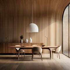 Wall Mural - Minimalist interior design of modern dining room with abstract wood paneling arched wall. - Generative AI