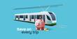 Urban tram rail public transport illustration with saving money banner with pink pig bank