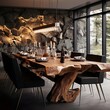 Rustic live edge dining table made from wooden slab and logs. Interior design of modern dining room with wild stone cladding wall.  - Generative AI