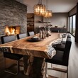 Rustic live edge dining table made from wooden slab and logs. Interior design of modern dining room with wild stone cladding wall.  - Generative AI