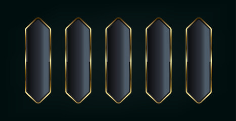 FIVE buttons of art deco styles isolated on black background. Realistic vector illustration of bronze, golden, silver metal luxury ui concepts buttons templates