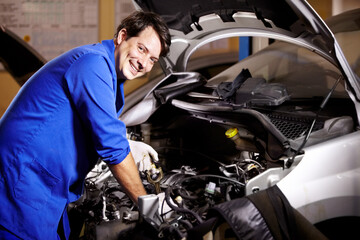 Poster - Portrait, happy man and mechanic check oil on engine of car, repair and maintenance. Face, smile and technician on motor vehicle, fixing transport or inspection at auto service workshop or business