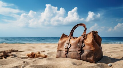 Wall Mural - A bag rests on the sand, under a captivating sky