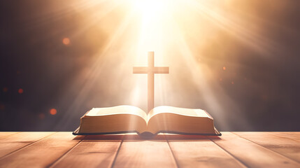 Wall Mural - Opened holy Bible on a wooden desk with a glowing cross.