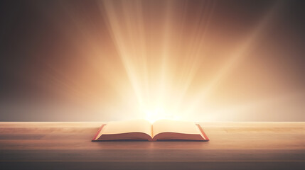 Open holy book Bible on a light glowing background.