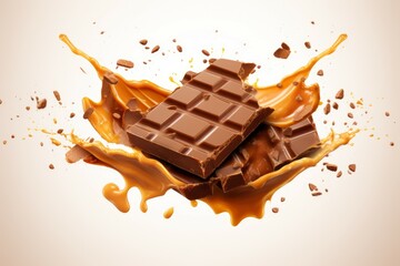 Wall Mural - Chocolate bar with yummy caramel splash block dessert. Kernel liquid sweet cake. Generate Ai