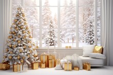 White And Gold Christmas Living Room With Blurred Window