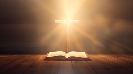 Wall Mural - Open book Bible and cross on a dark background with light.