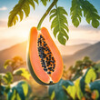 An image of a papaya fruit hanging on a tree branch in a blurred natural background