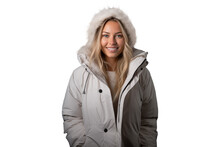 Young Blond Woman In White Parka With Hat, Winter Fashion
