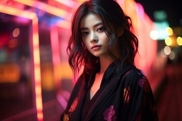 Fashion beauty shooting of gorgeous Asian model. Young beautiful woman in black jacket posing over night city dramatic red neon background