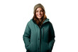 young woman in green parka jacket with hat, winter fashion
