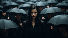 Woman Stand In Crowd Of People With Black Umbrellas
