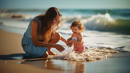 mother plays with her adorable son at the beach