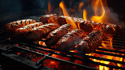 Wall Mural - grilled sausages on grill with flame on dark background