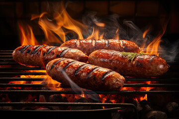 Wall Mural - grilled sausages on grill with flame on dark background