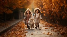 Cute Little Girls And Boys Run Through The Beautiful Autumn Forest With A Cat