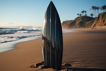 A plastic black surf fin on beach.