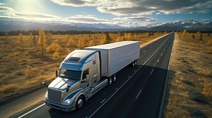 A truck hauling a refrigerated trailer on the road. aerial view.