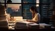 © Rakchanika - Businesswoman, freelancer, bookkeeper female working at home overworked late at night on table with laptop near window and a stack of paperwork, woman stressed with financial report using laptop