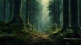 Fototapeta Natura - a serene forest scene bathed in soft, diffused light. Tall, majestic trees with green foliage line both sides of the canvas