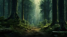 A Serene Forest Scene Bathed In Soft, Diffused Light. Tall, Majestic Trees With Green Foliage Line Both Sides Of The Canvas