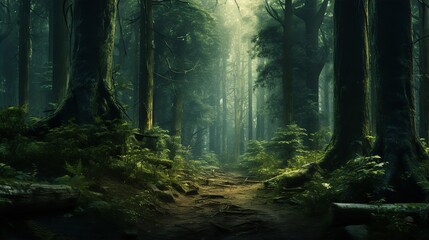 a serene forest scene bathed in soft, diffused light. Tall, majestic trees with green foliage line both sides of the canvas